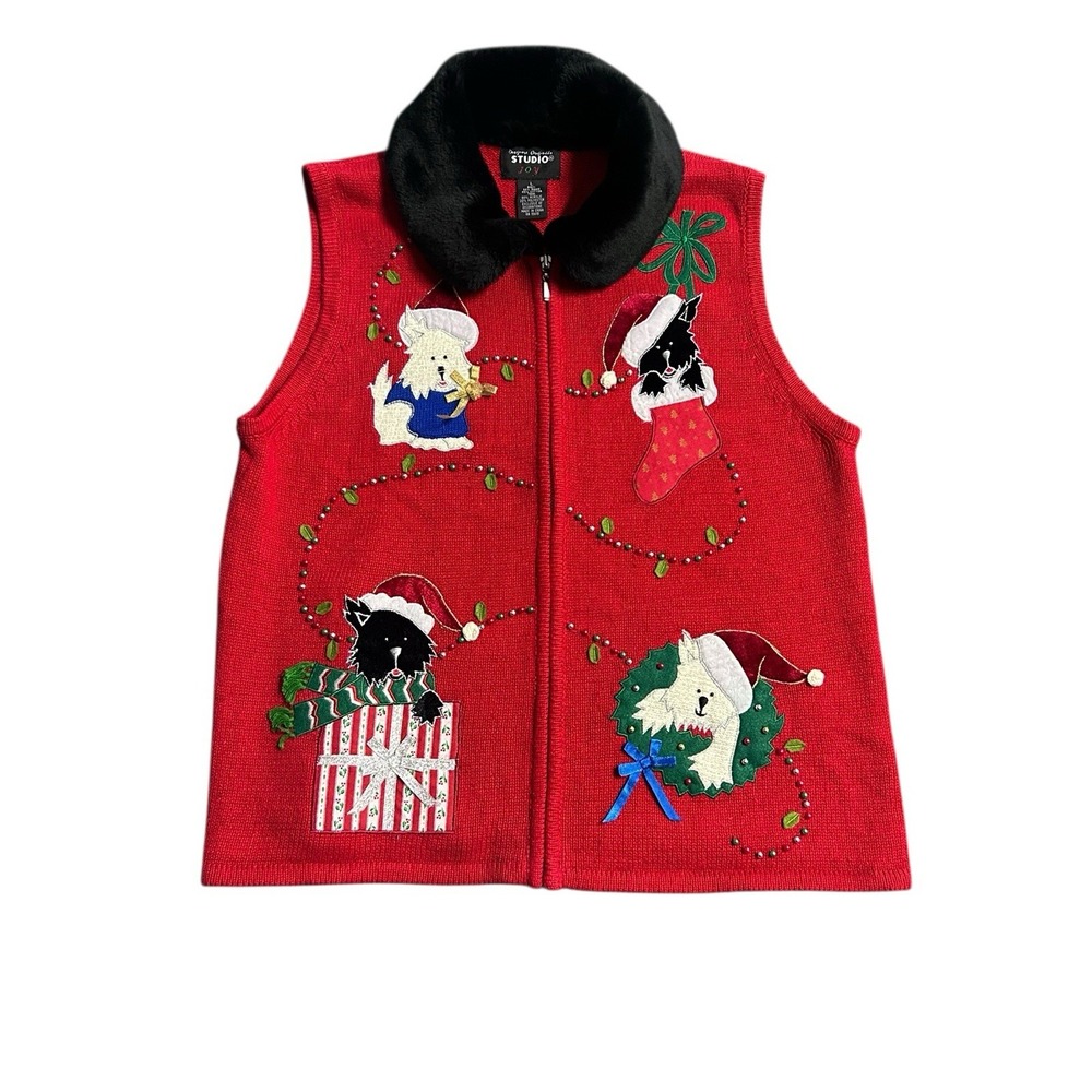Vintage‎ Christmas Sweater Vest Designers Original Studio Joy Dogs Women's Large